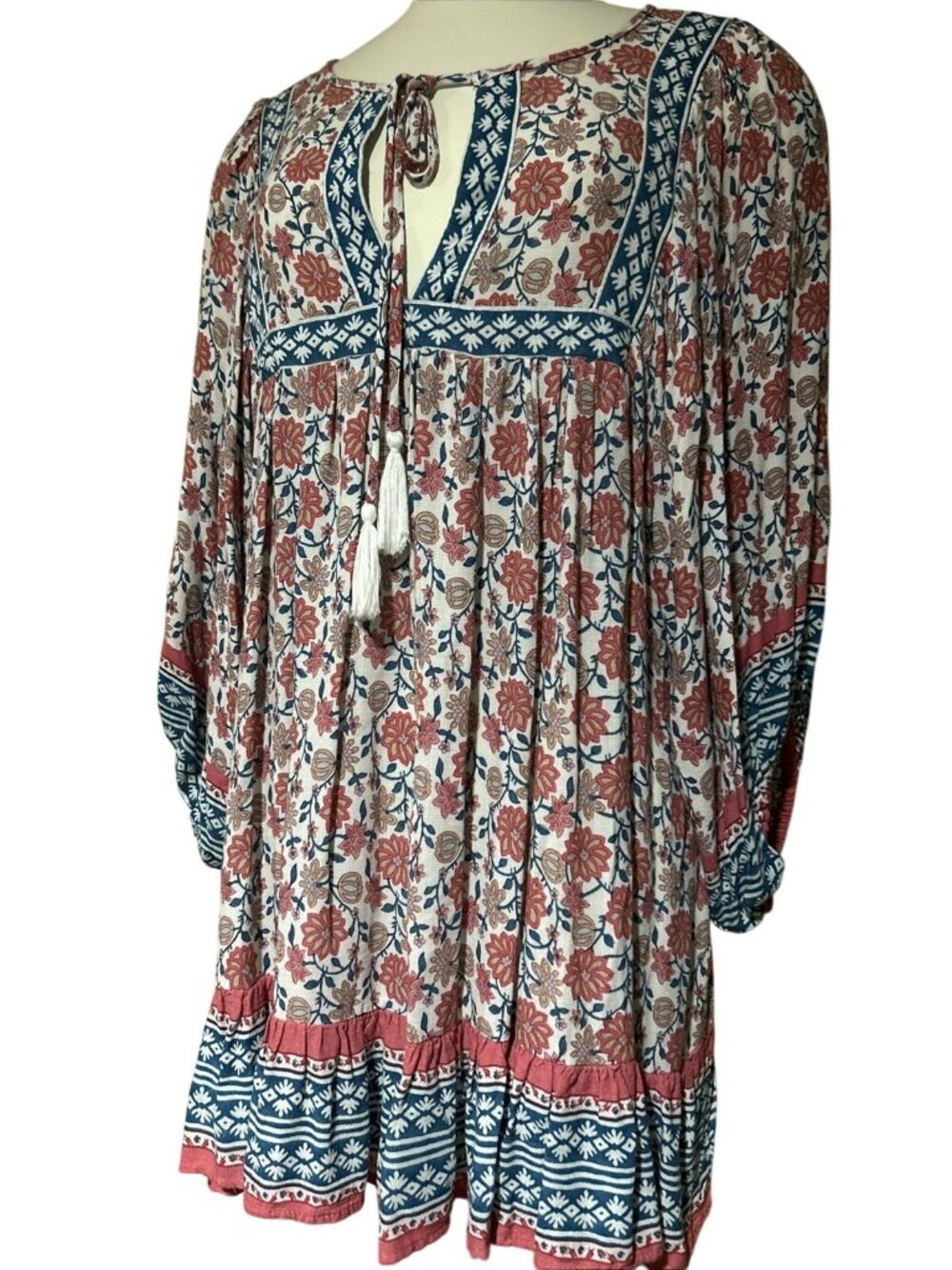 Boho Hippie Babydoll Keyhole Tie Shirt Floral L Coral Blue Rachel Zoe